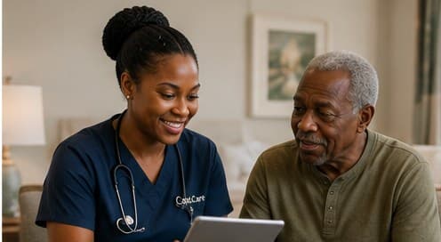 Care staff reviewing a resident's care plan on a tablet