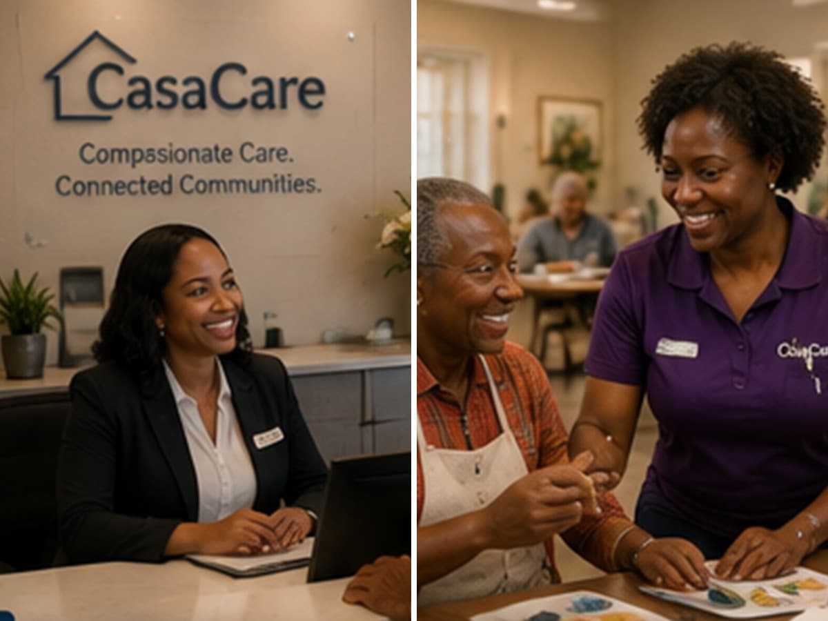 A CasaCare receptionist welcoming a resident, and a caregiver leading an art activity